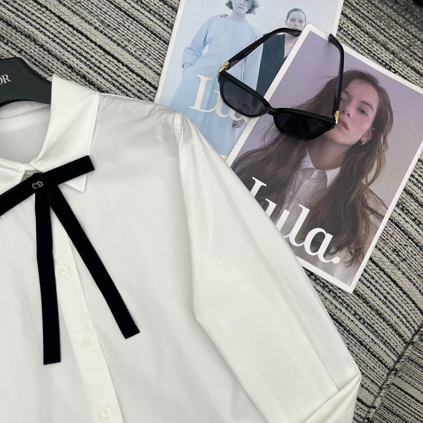 CD Long-Sleeve Blouse With A Black Bow Tie