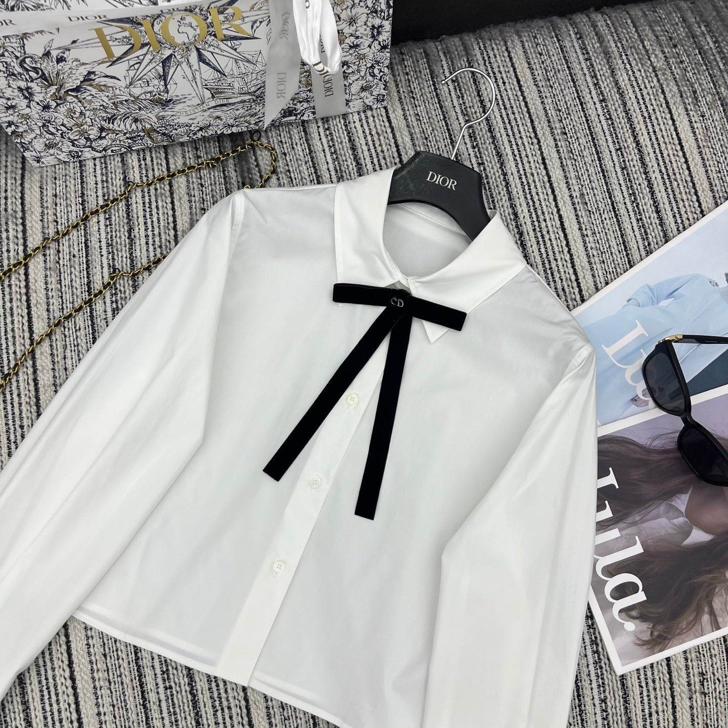 CD Long-Sleeve Blouse With A Black Bow Tie