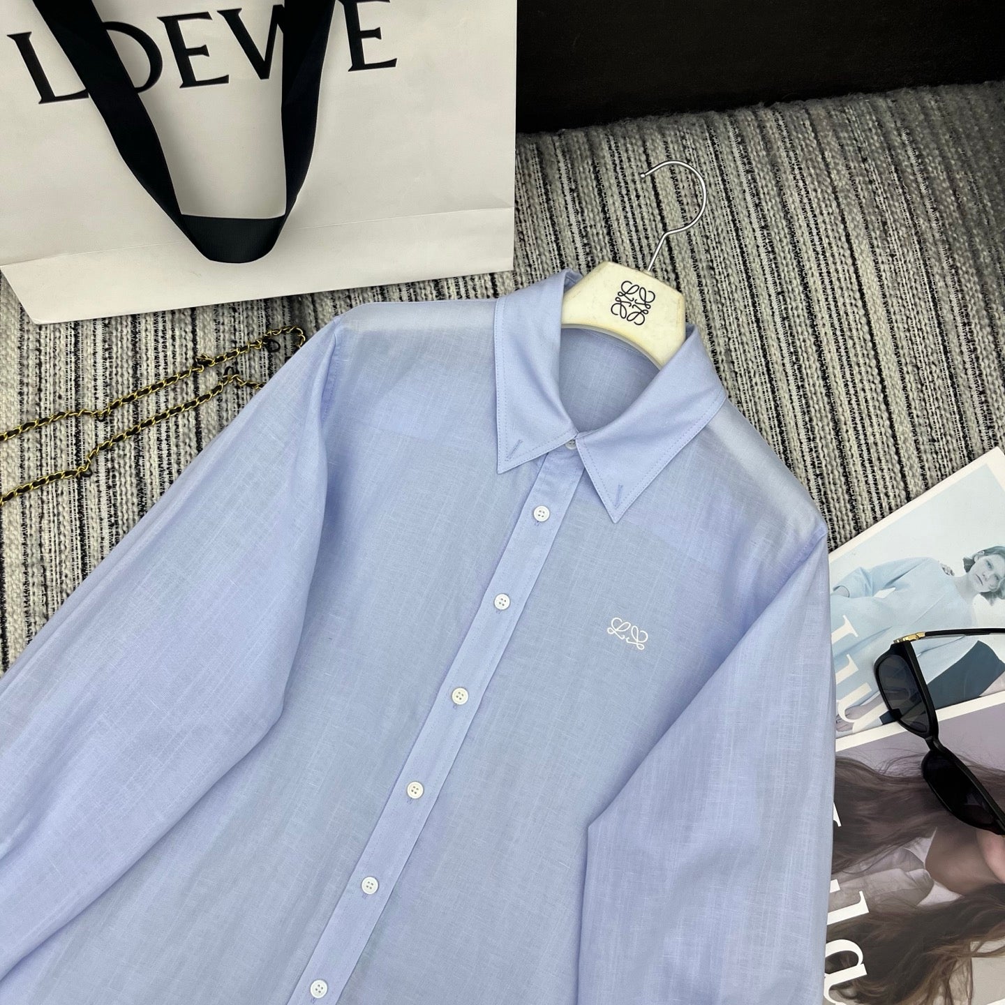 Loewe Embroidered Logo Collared Long-Sleeved Shirt Light Blue Cotton
