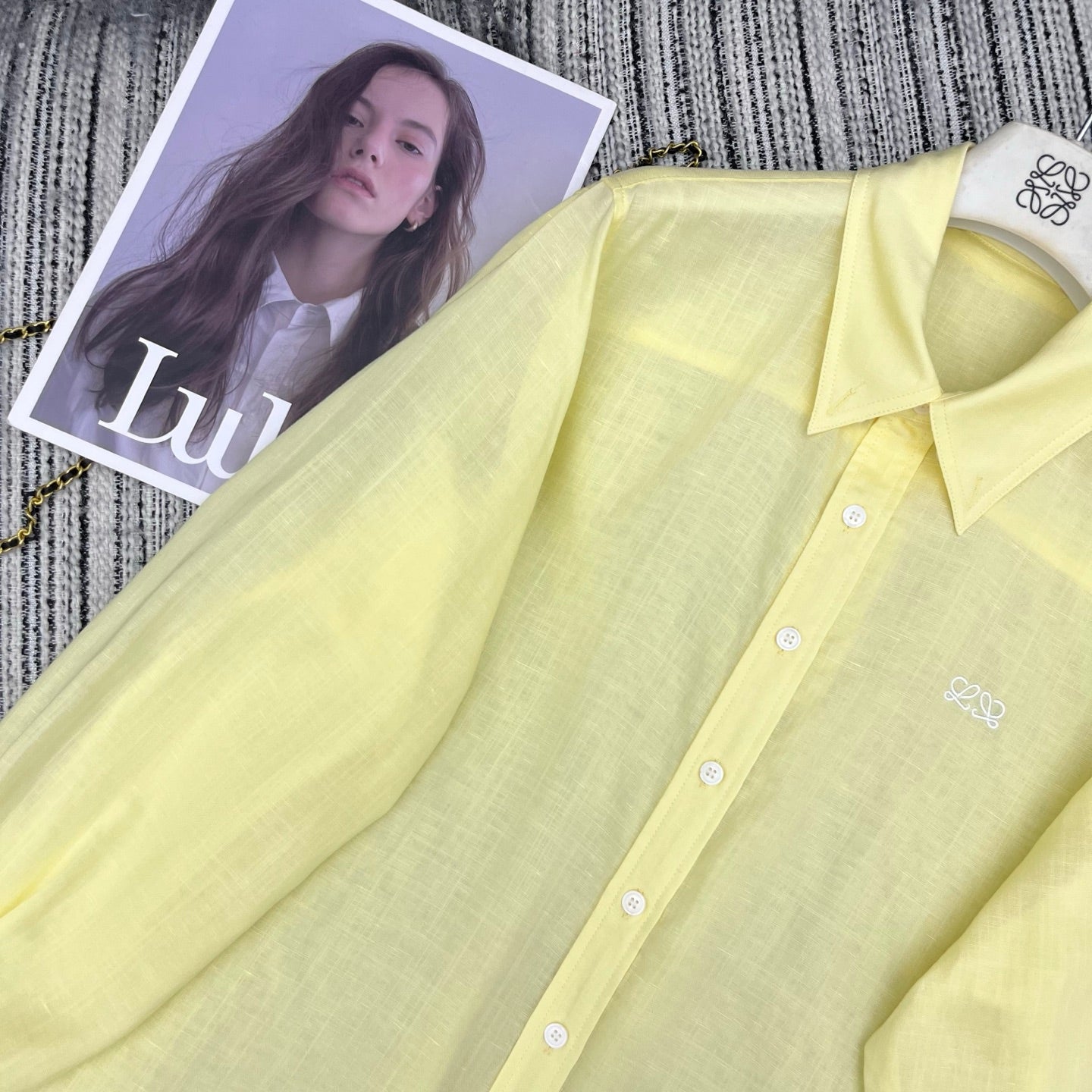 Loewe Embroidered Logo Collared Long-Sleeved Shirt Light Yellow Cotton