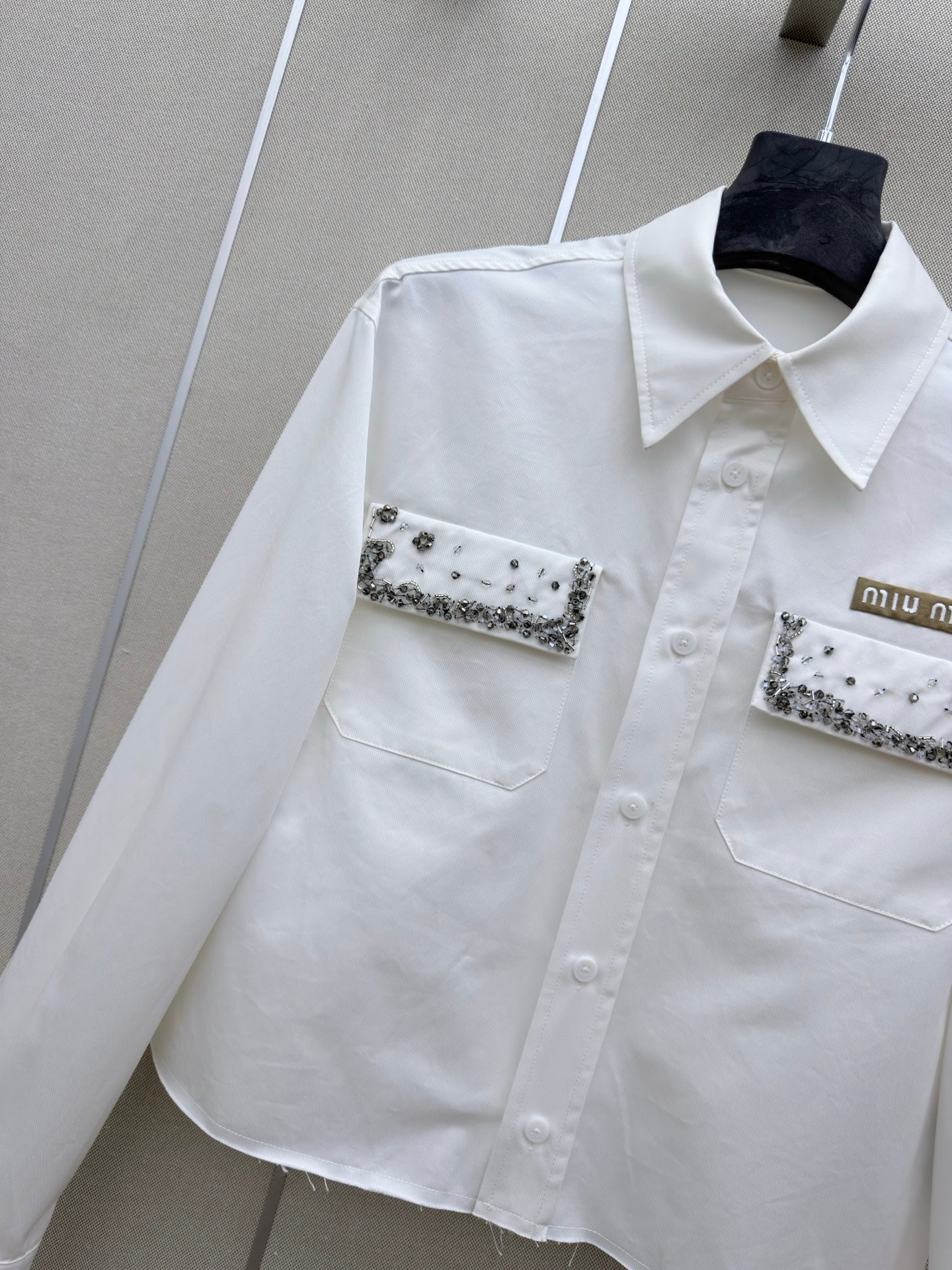 Miu Long-Sleeved Shirt With Heavy-Duty Rhinestone White Cotton