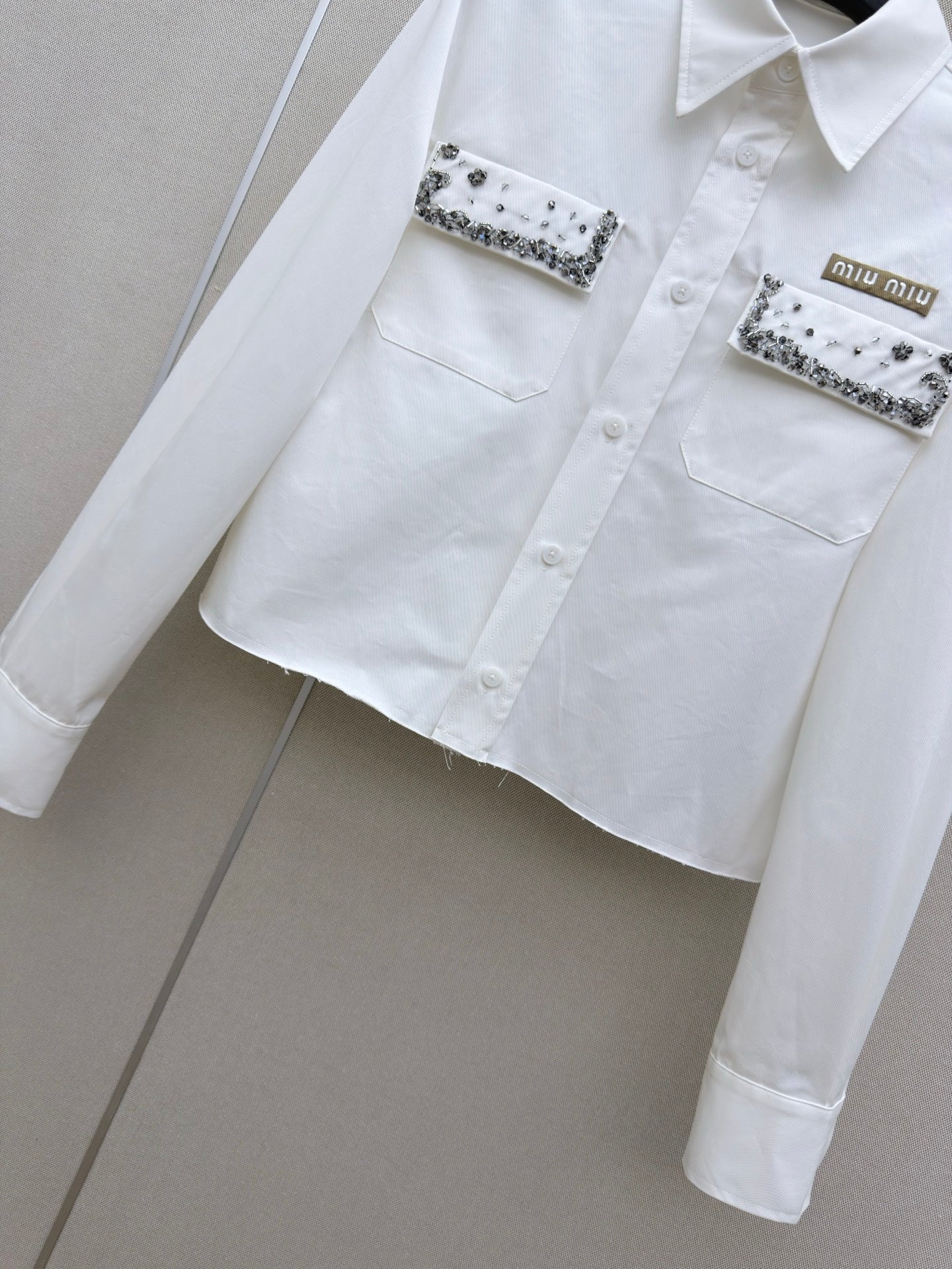Miu Long-Sleeved Shirt With Heavy-Duty Rhinestone White Cotton