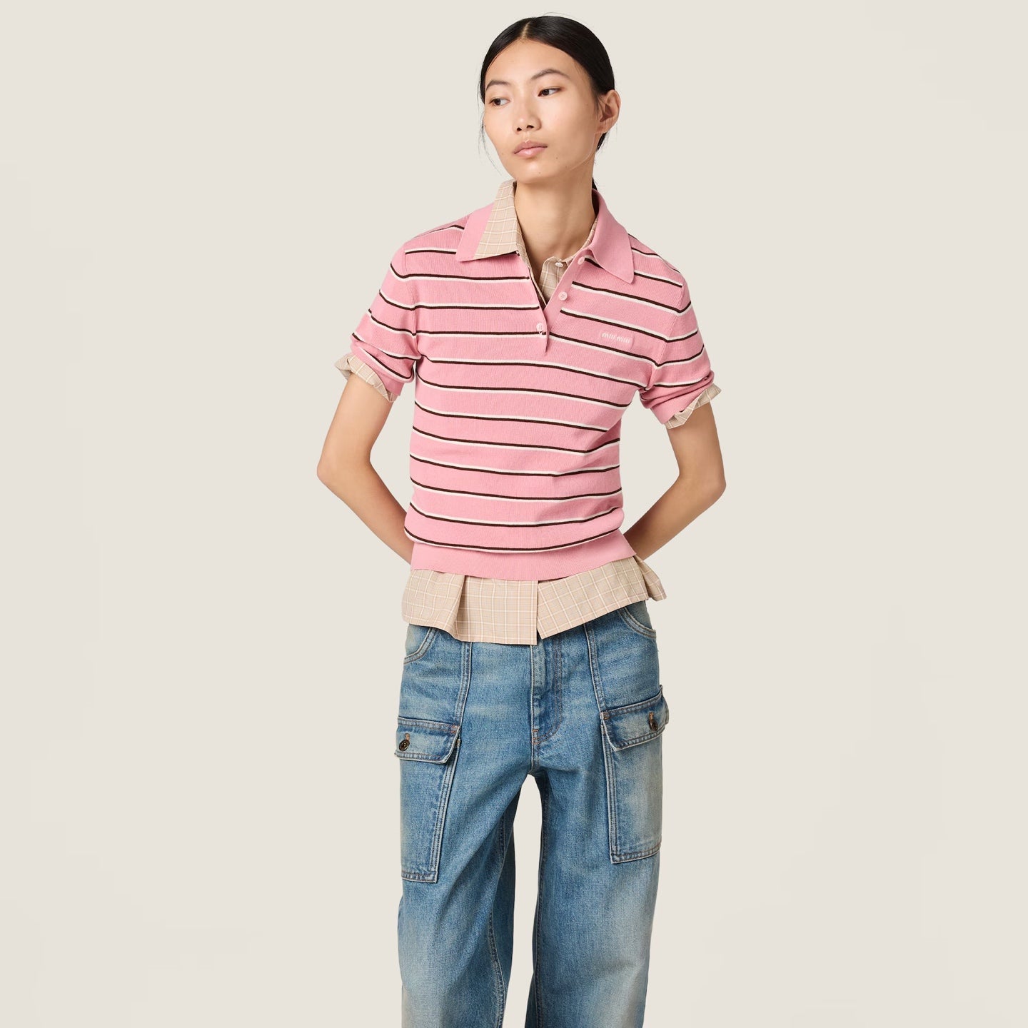 Miu 26s Knit Polo Shirt Pink Cotton 423040