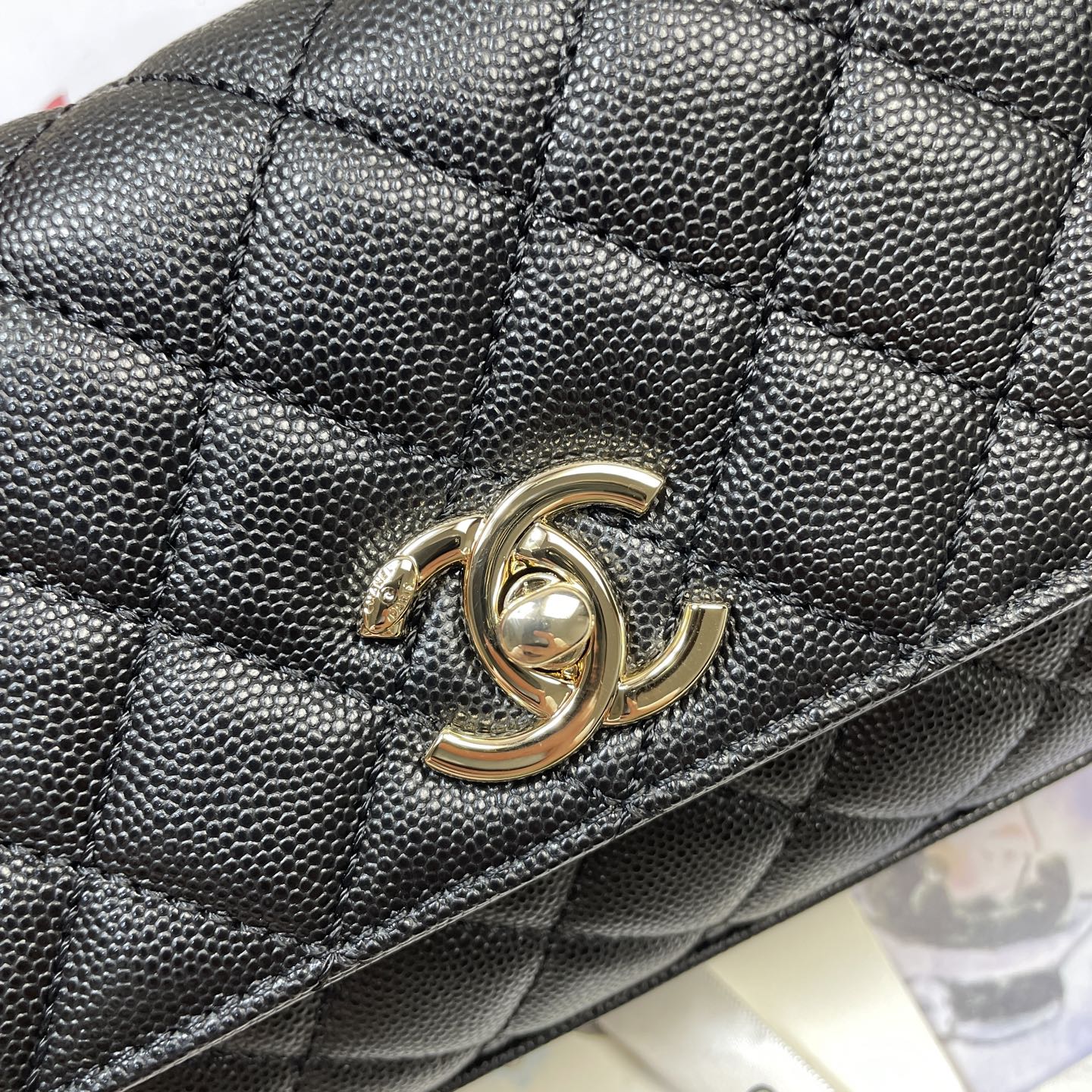 CC 26P Horizontal Coco Handle 32cm Black Quited Caviar Leather Light Gold 286342