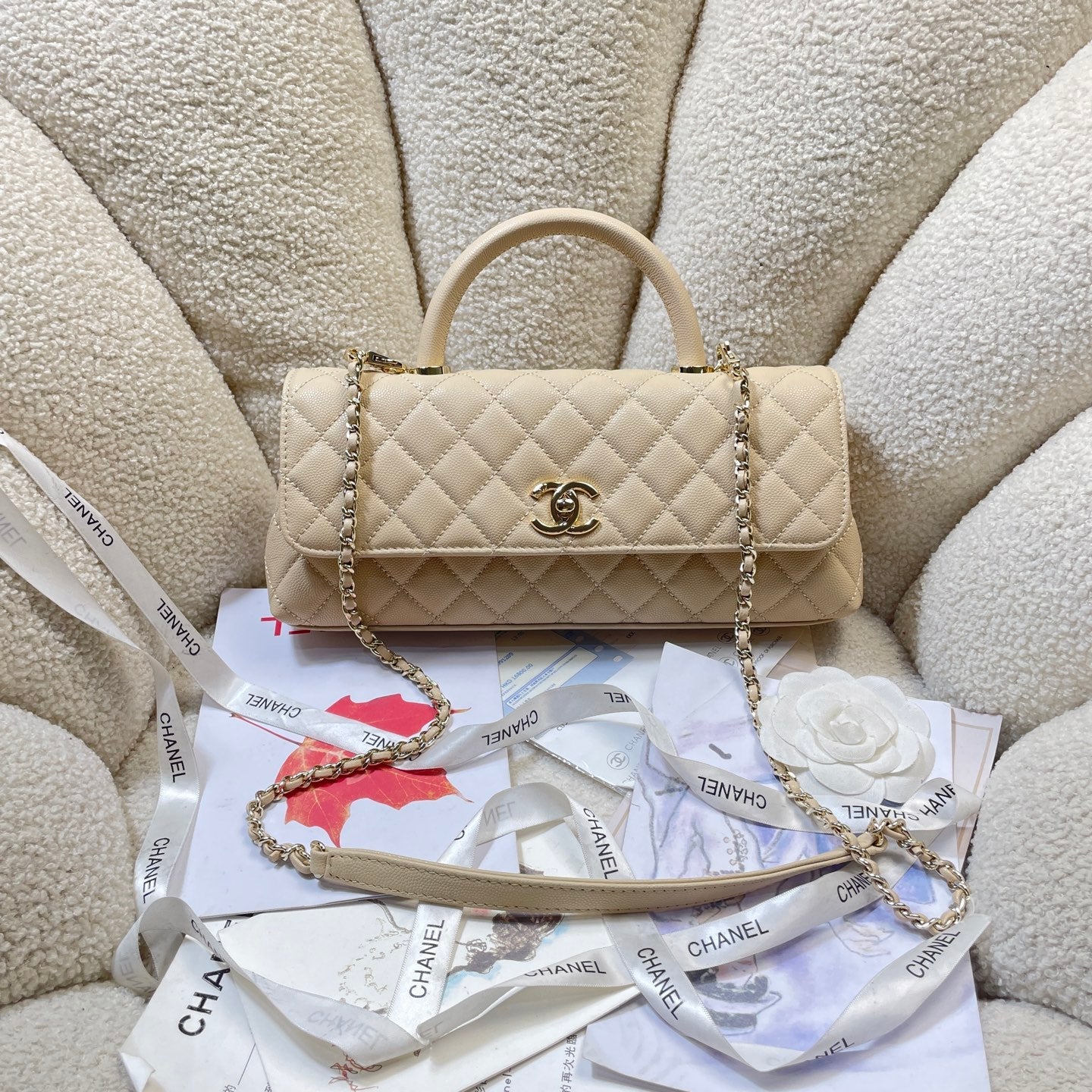 CC Maxi Flap Bag with Top Handle 31.5cm Light Beige Quited Caviar Leather