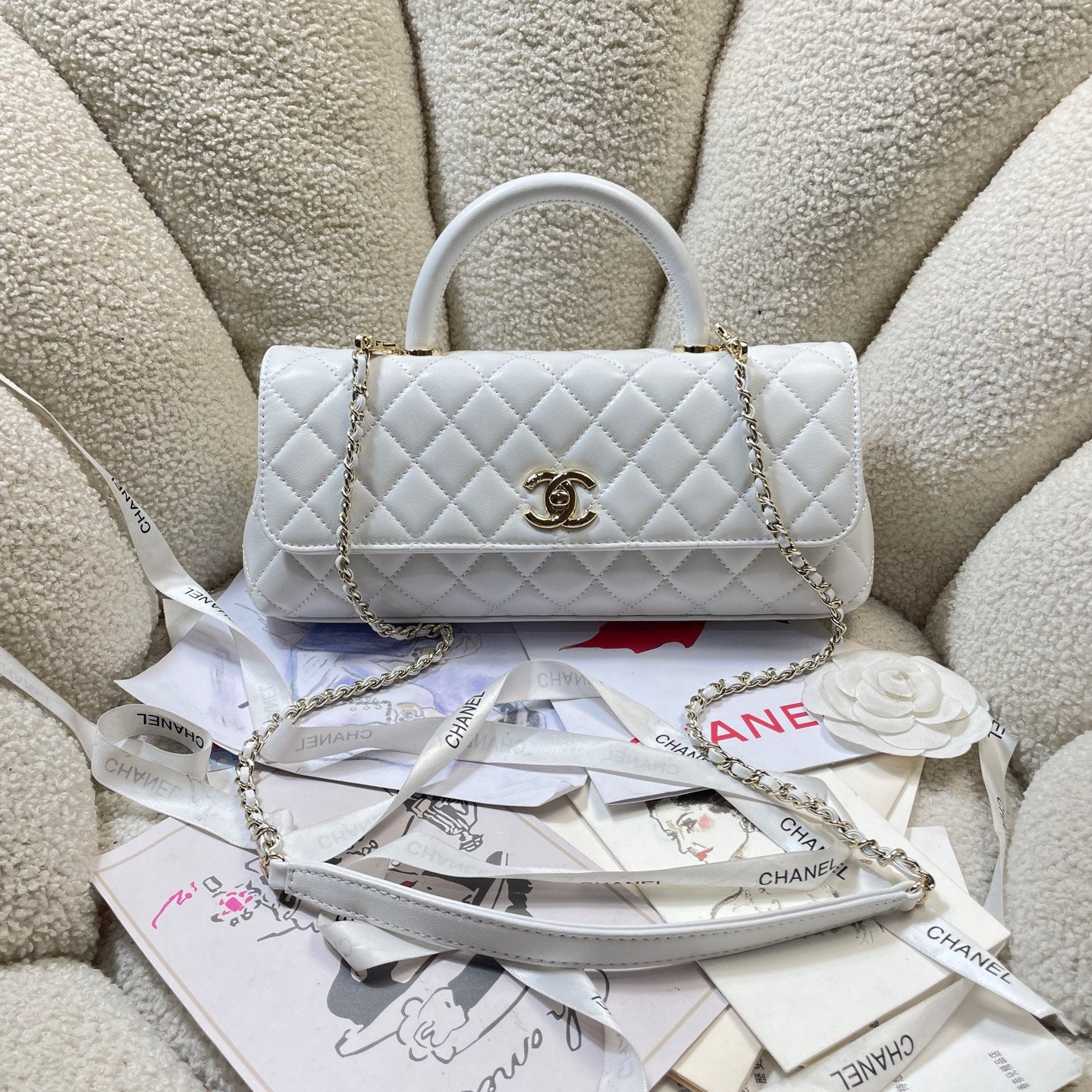 CC Maxi Flap Bag with Top Handle 31.5cm White Lambskin