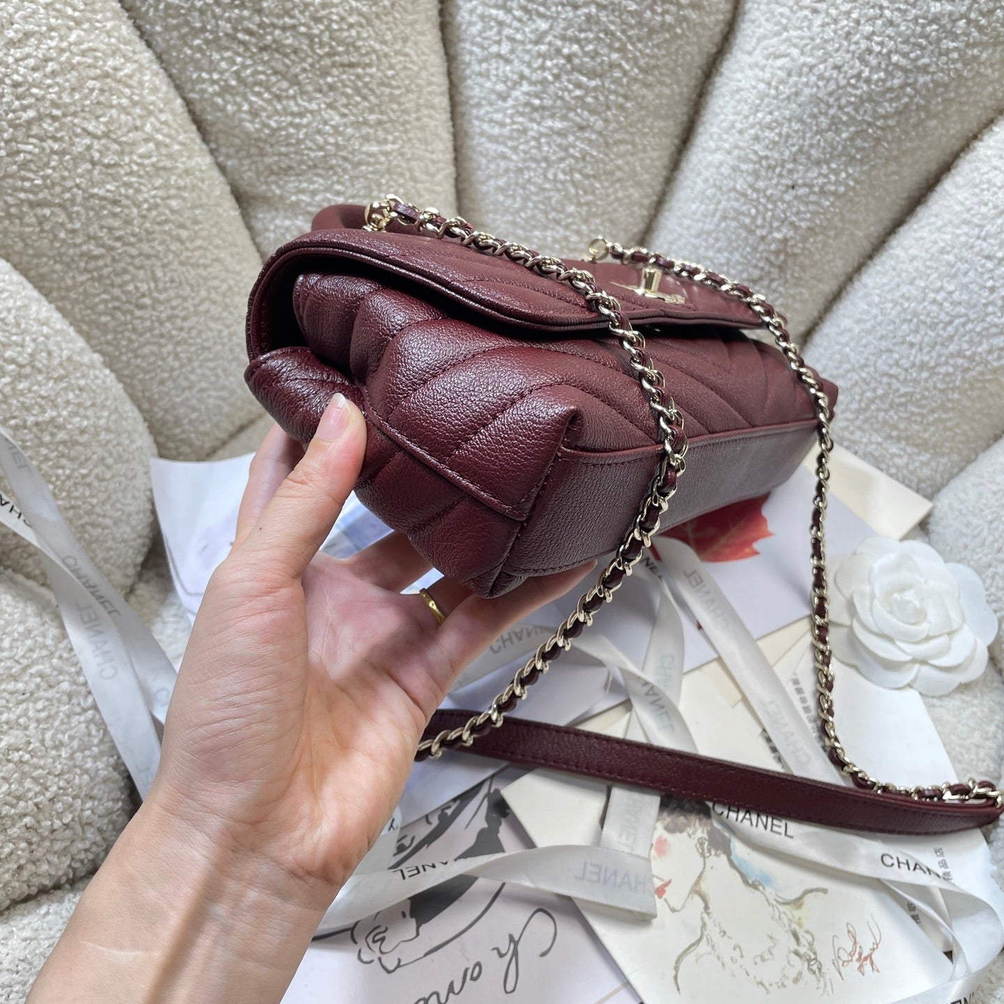 CC Maxi Flap Bag with Top Handle 31.5cm Burgundy Goatskin