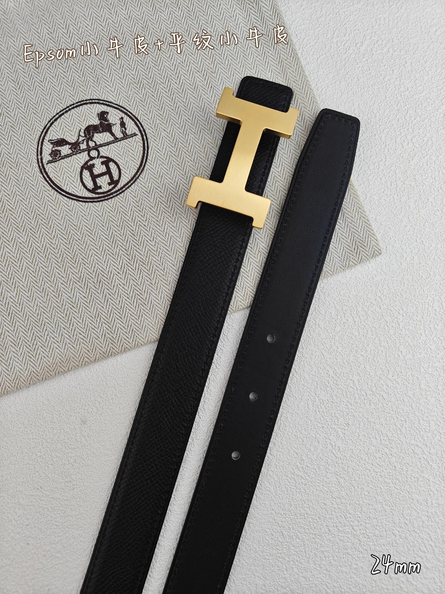 H Guillochee Buckle Belt 2.4cm Full Black Espom 211239