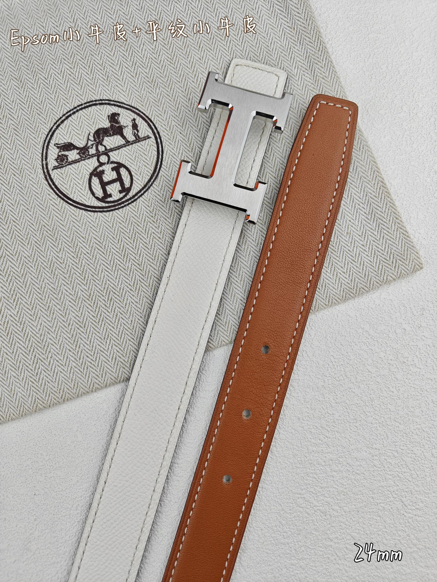 H Guillochee Buckle Belt 2.4cm Tan White Espom 211232