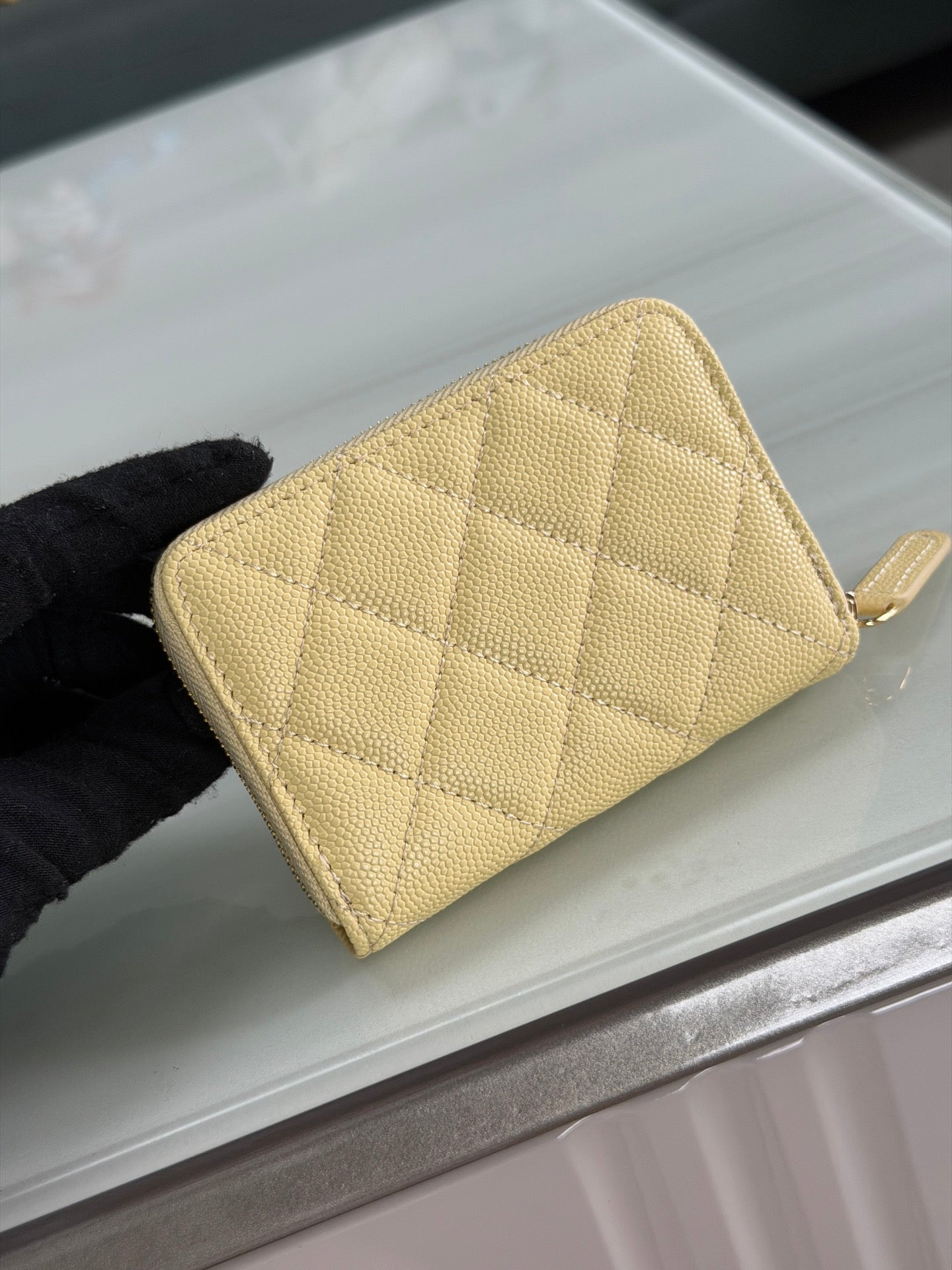 CC 26P Zipper Card Holder Yellow Quited Caviar Leather