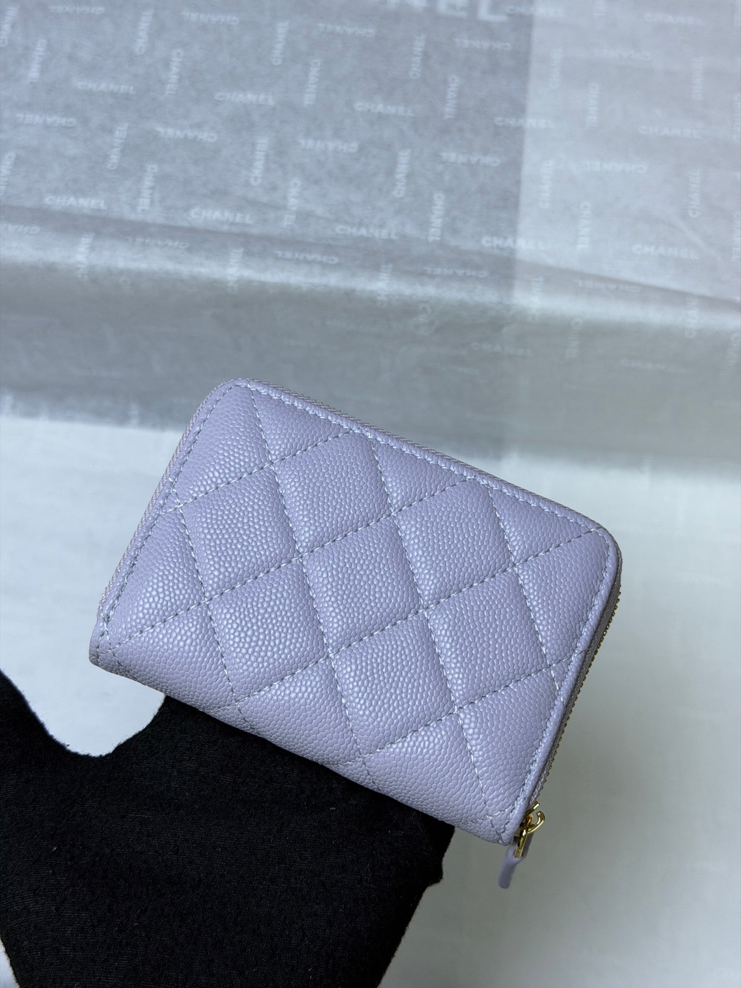 CC 26P Zipper Card Holder Light Purple Quited Caviar Leather