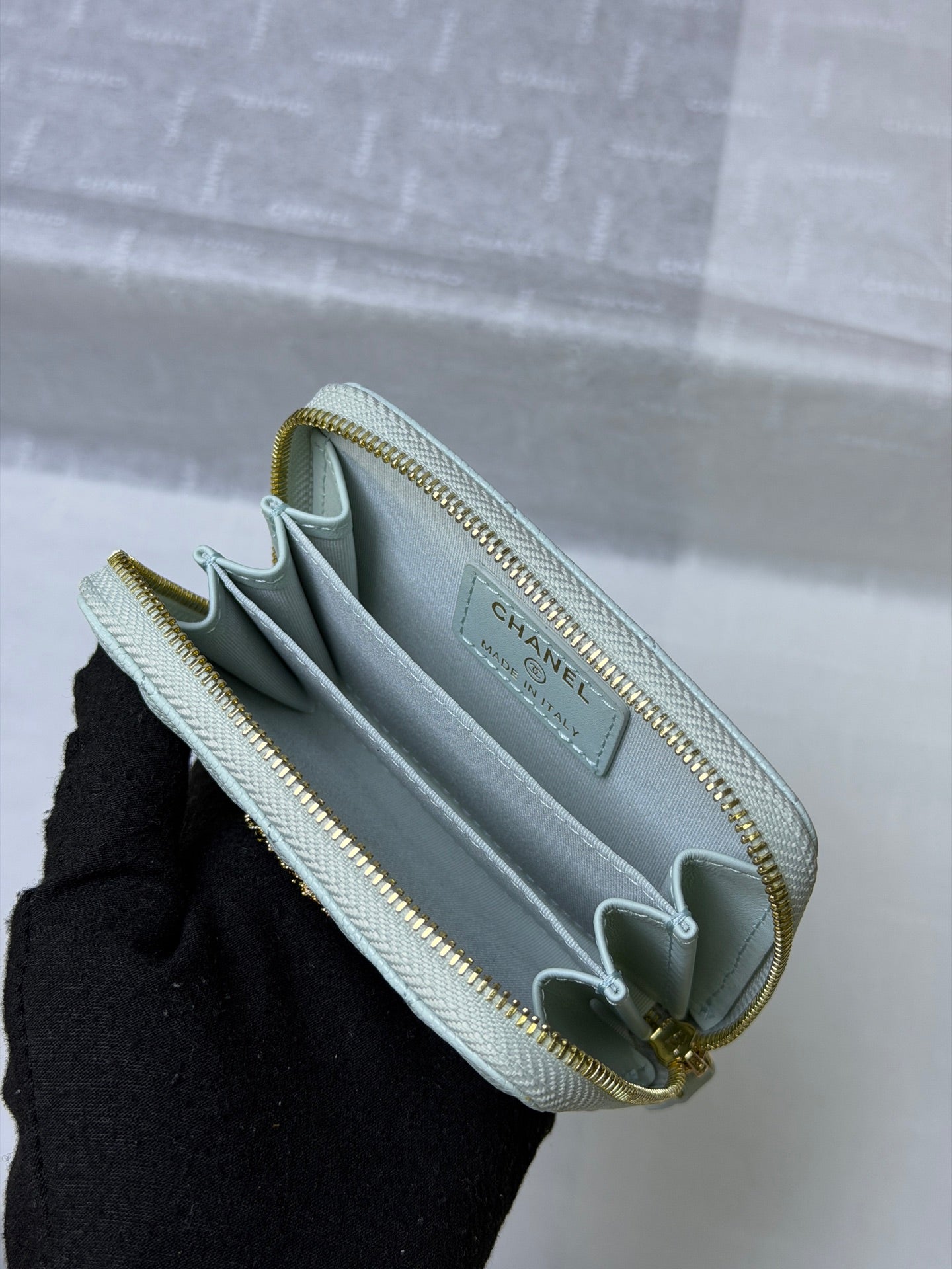 CC 26P Zipper Card Holder Light Blue Quited Caviar Leather