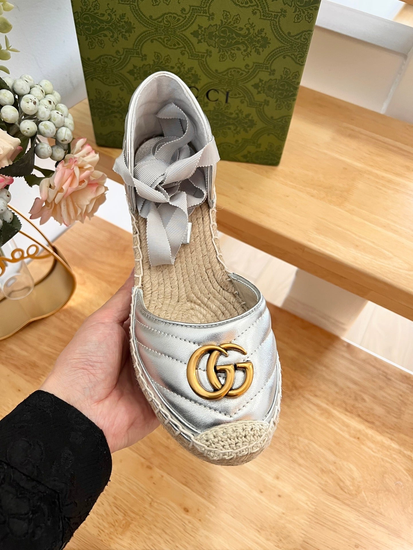 GG Crochet platform Espadrilles Silver