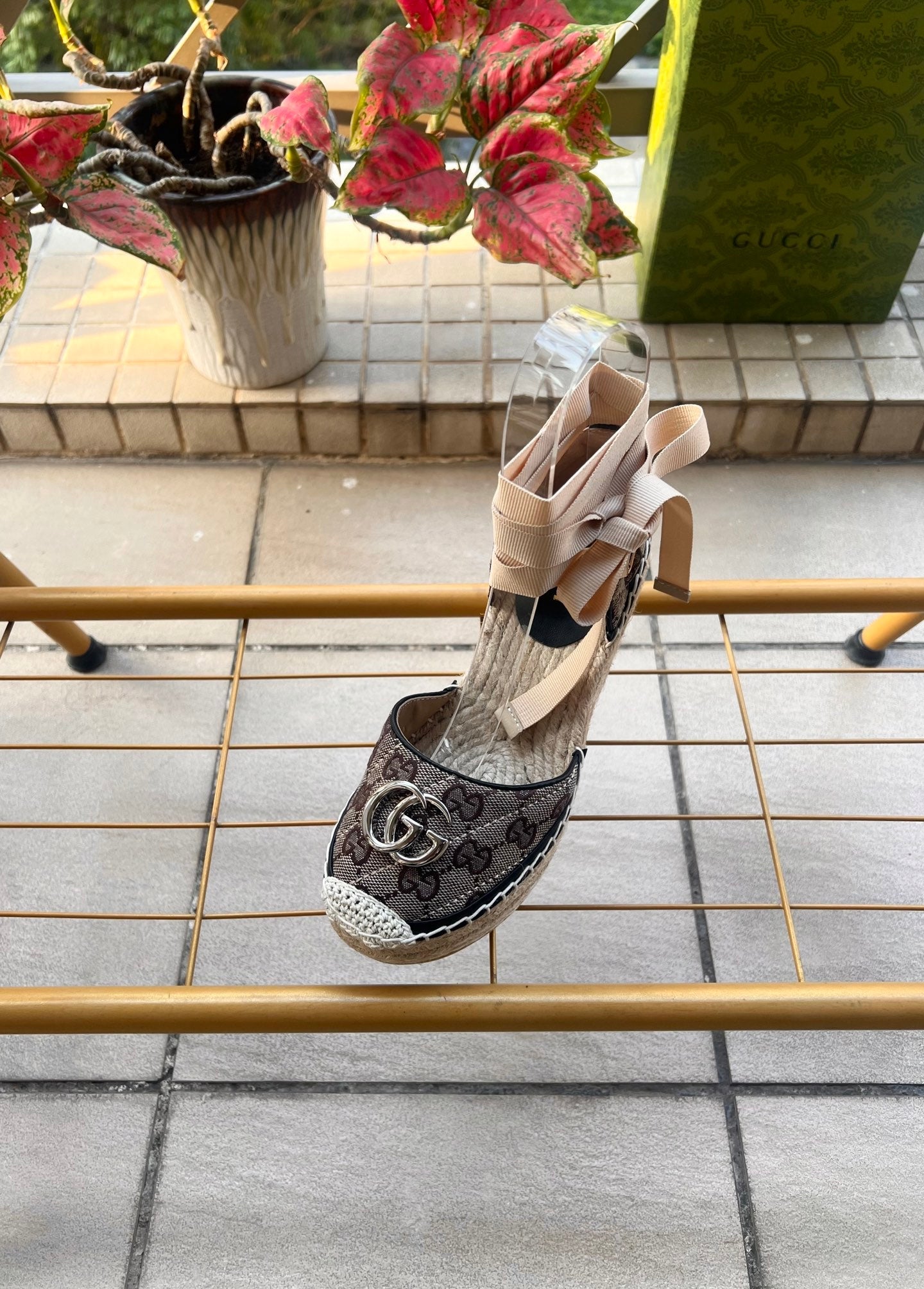 GG 26ss Platform Wedge Sandals 10cm Coffee Straw Canvas 692211