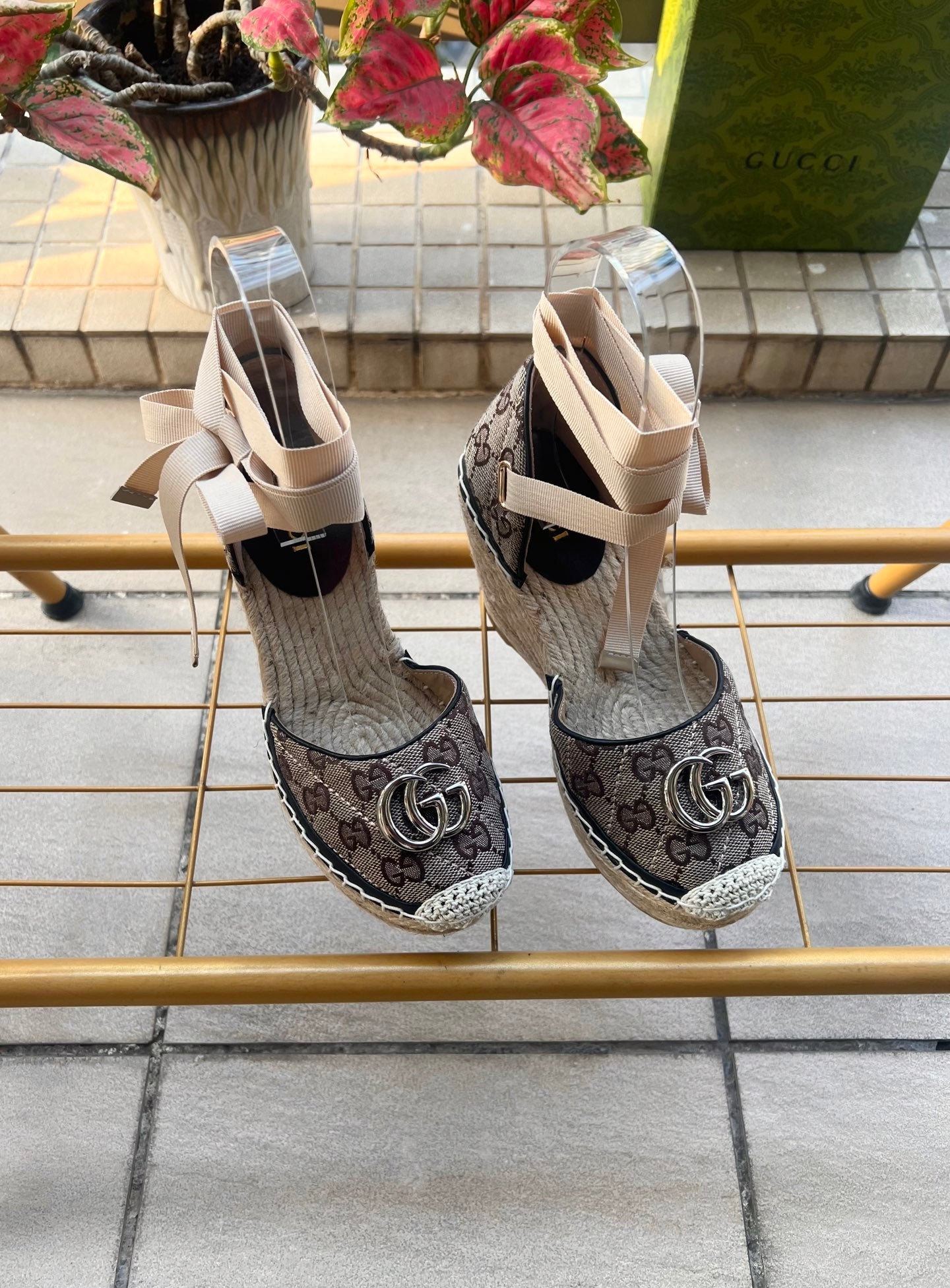 GG 26ss Platform Wedge Sandals 10cm Coffee Straw Canvas 692211