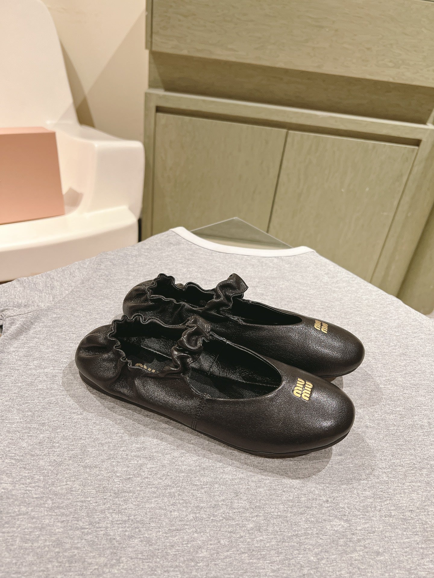Miu Ruches Ballet Flat Black Lambskin 445668