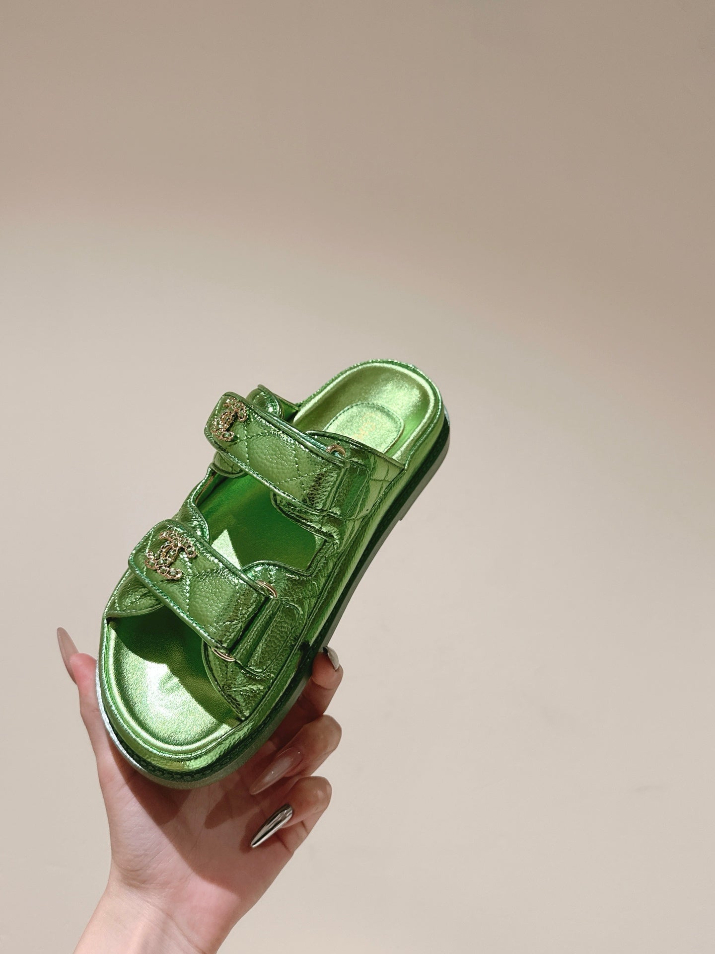 CC 25C Dad Sandals Mule Green Metalic Grained Calfskin 462215