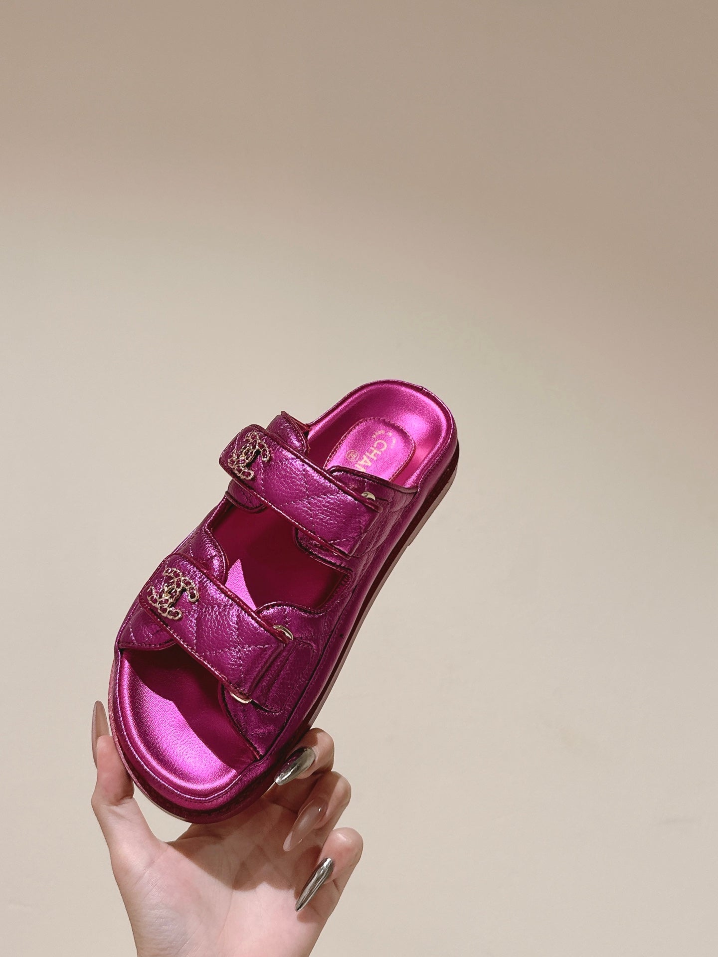 CC 25C Dad Sandals Mule Pink Metalic Grained Calfskin 462217