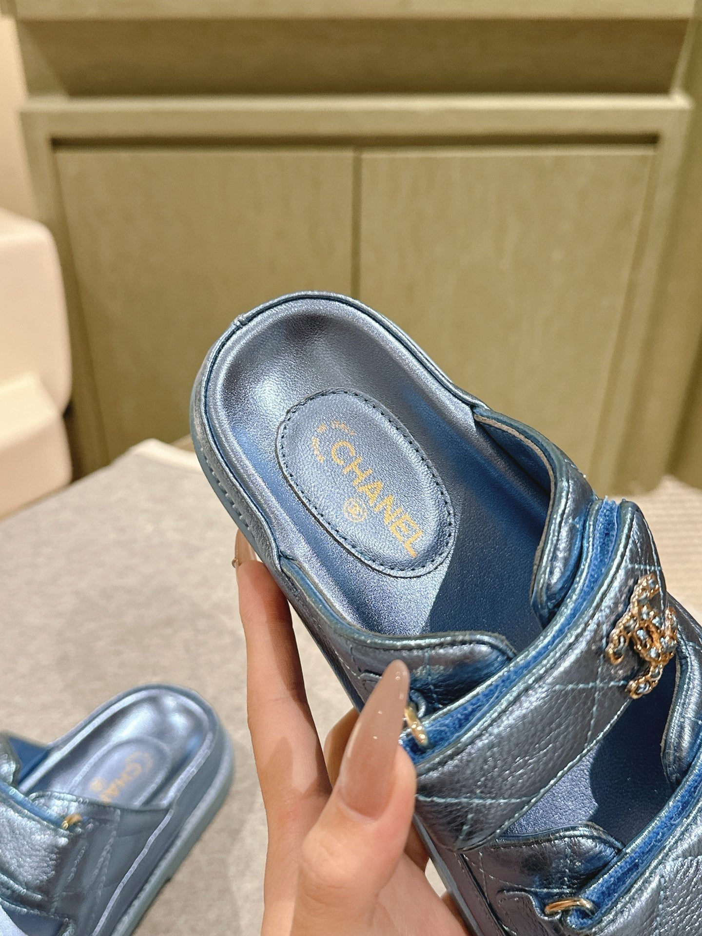 CC 25C Dad Sandals Mule Blue Metalic Grained Calfskin 462218