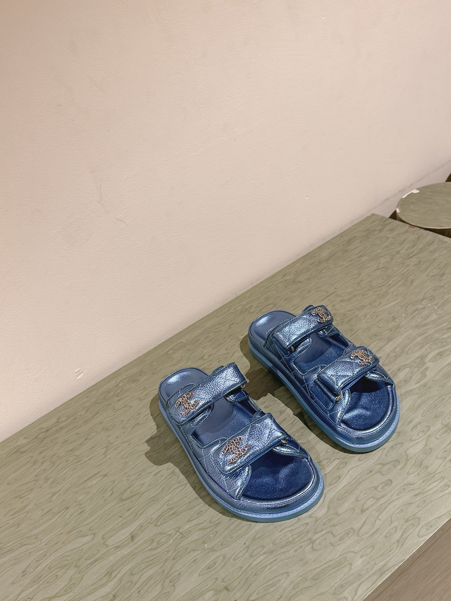 CC 25C Dad Sandals Mule Blue Metalic Grained Calfskin 462218