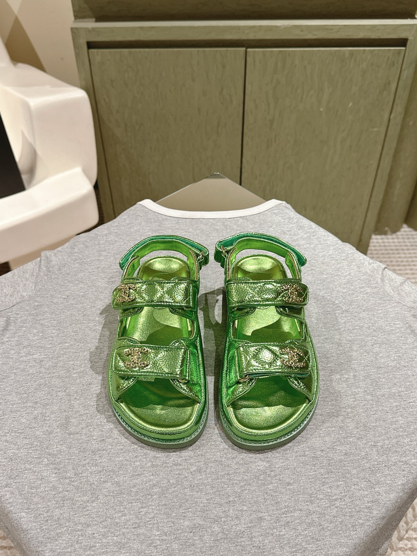 CC 25C Dad Sandals Green Metalic Grained Calfskin 462232
