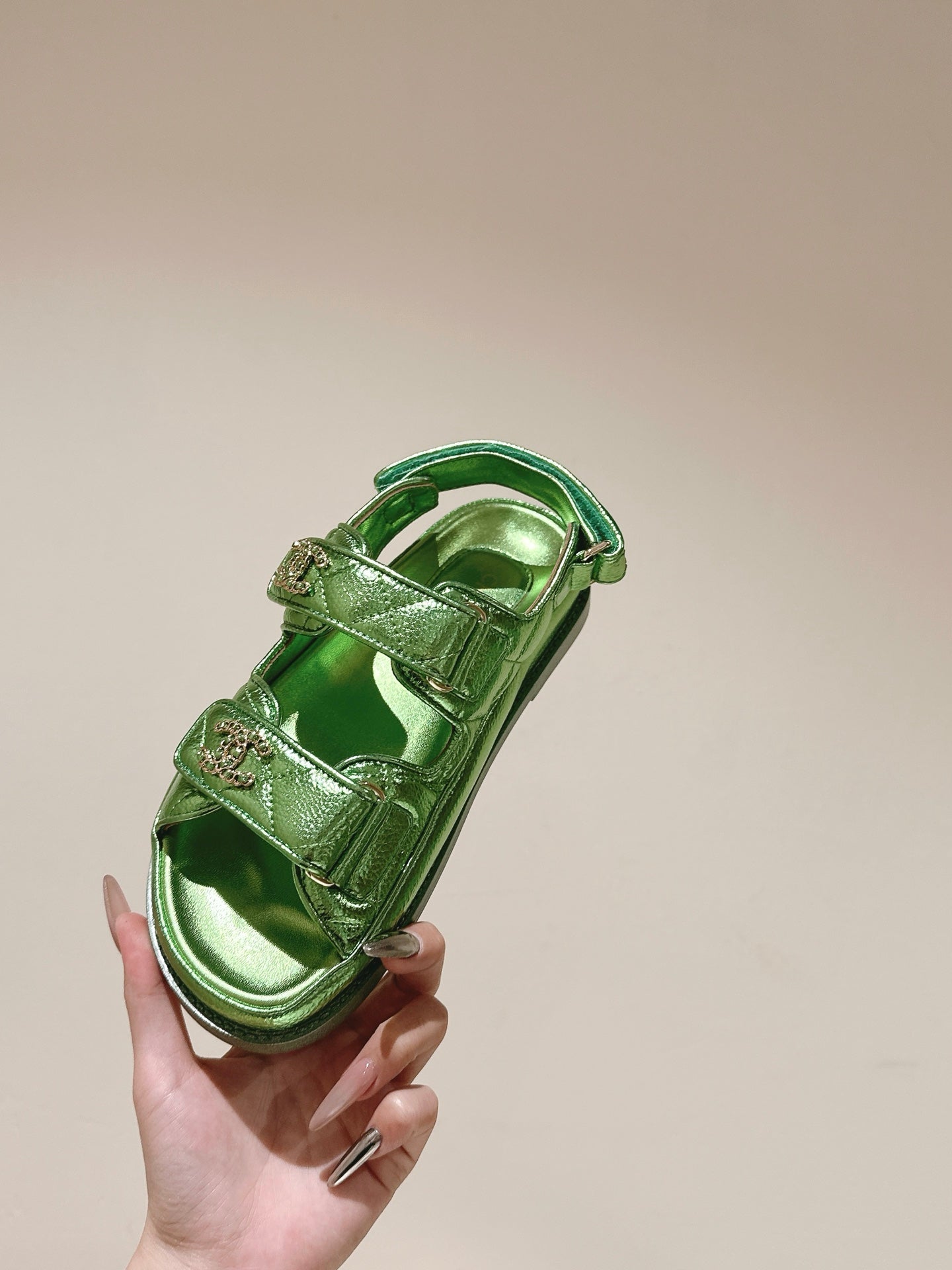 CC 25C Dad Sandals Green Metalic Grained Calfskin 462232