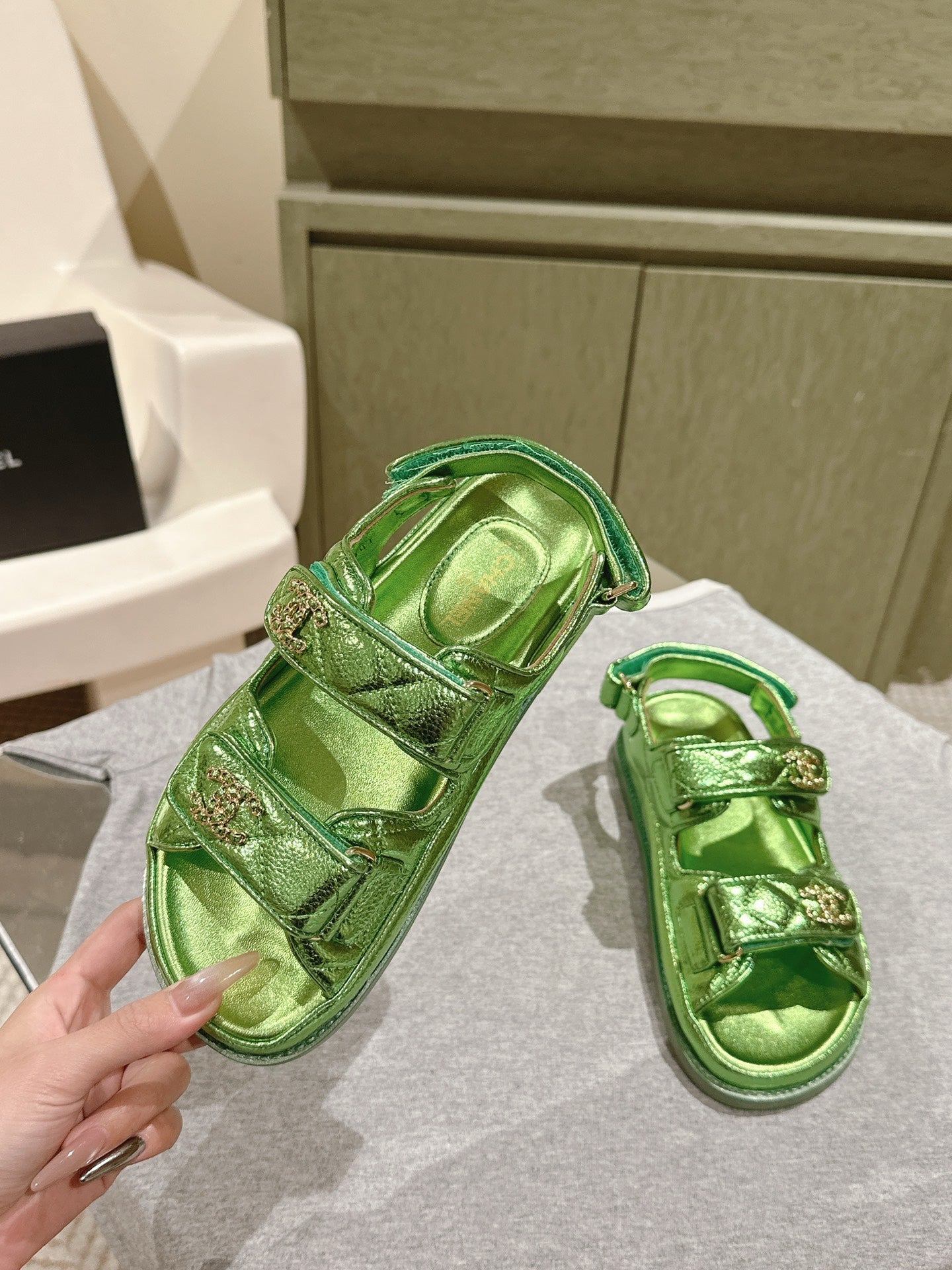 CC 25C Dad Sandals Green Metalic Grained Calfskin 462232