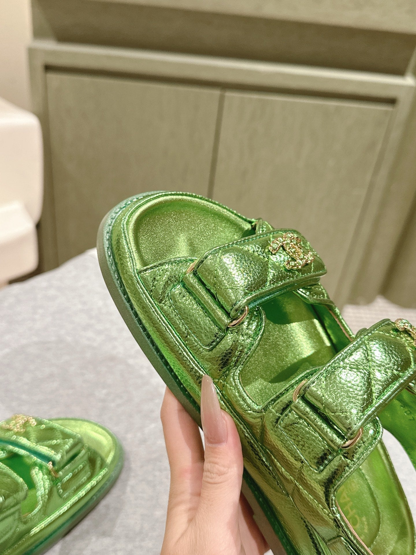 CC 25C Dad Sandals Green Metalic Grained Calfskin 462232