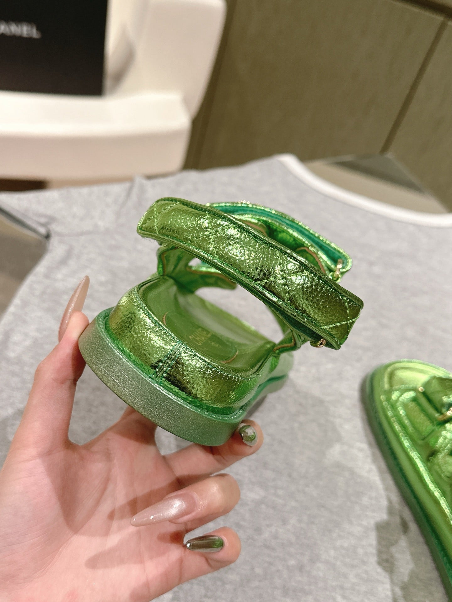 CC 25C Dad Sandals Green Metalic Grained Calfskin 462232