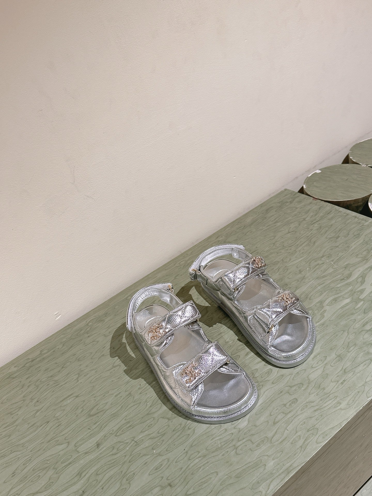 CC 25C Dad Sandals Silver Metalic Grained Calfskin 462236