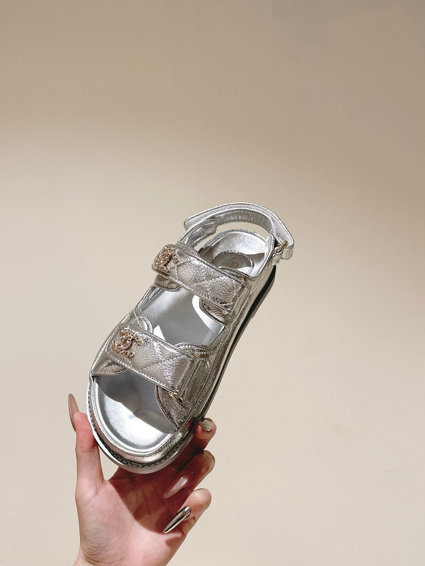 CC 25C Dad Sandals Silver Metalic Grained Calfskin 462236