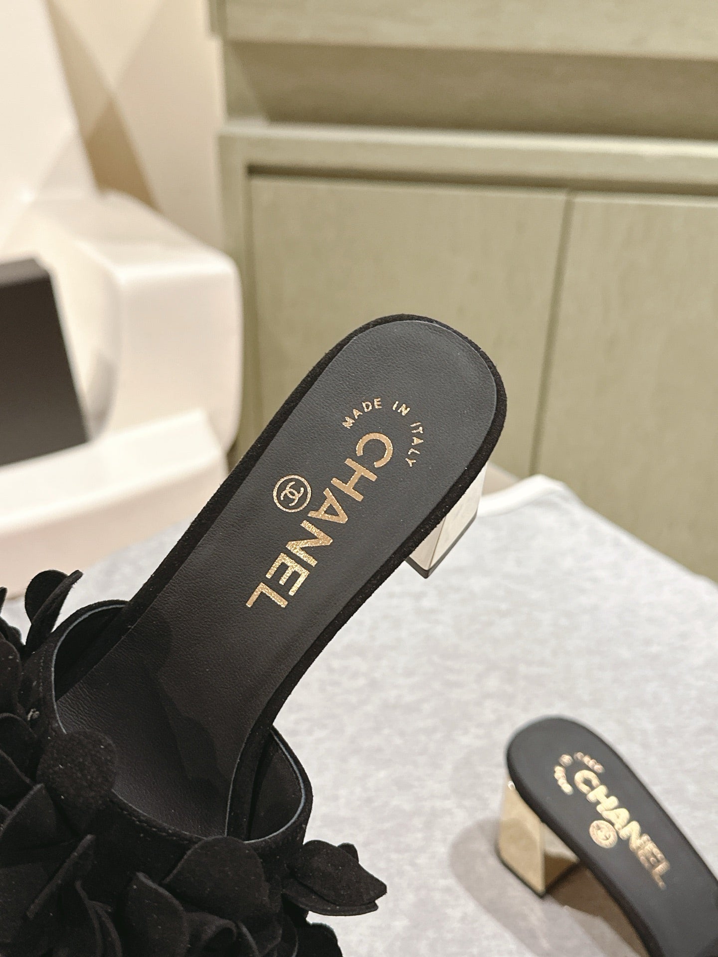 CC Floral Slide Sandals 55mm Black Suede Cowhide 454284