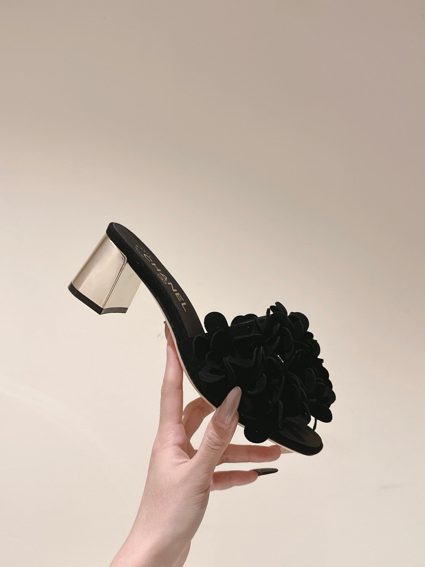 CC Floral Slide Sandals 55mm Black Suede Cowhide 454284