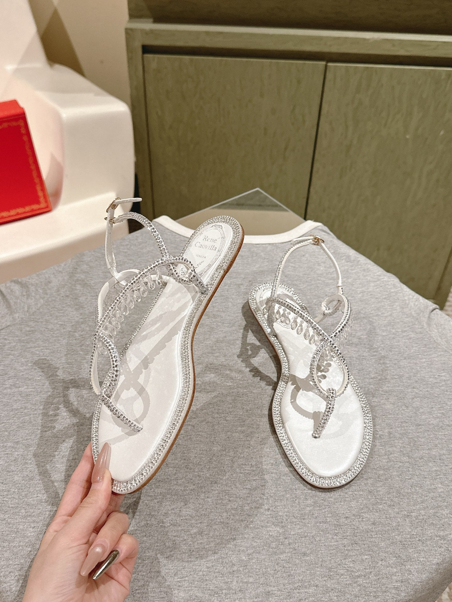 RC 25 Thong Diamond Flat Sole White Silk Rhinestones 268068
