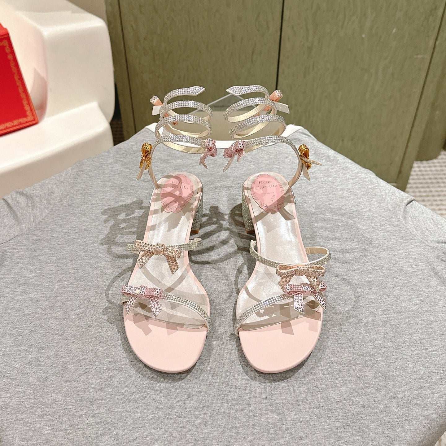 RC 25 Snake-Shaped Add Bow High Heeled Pink Silk Rhinestones 268070