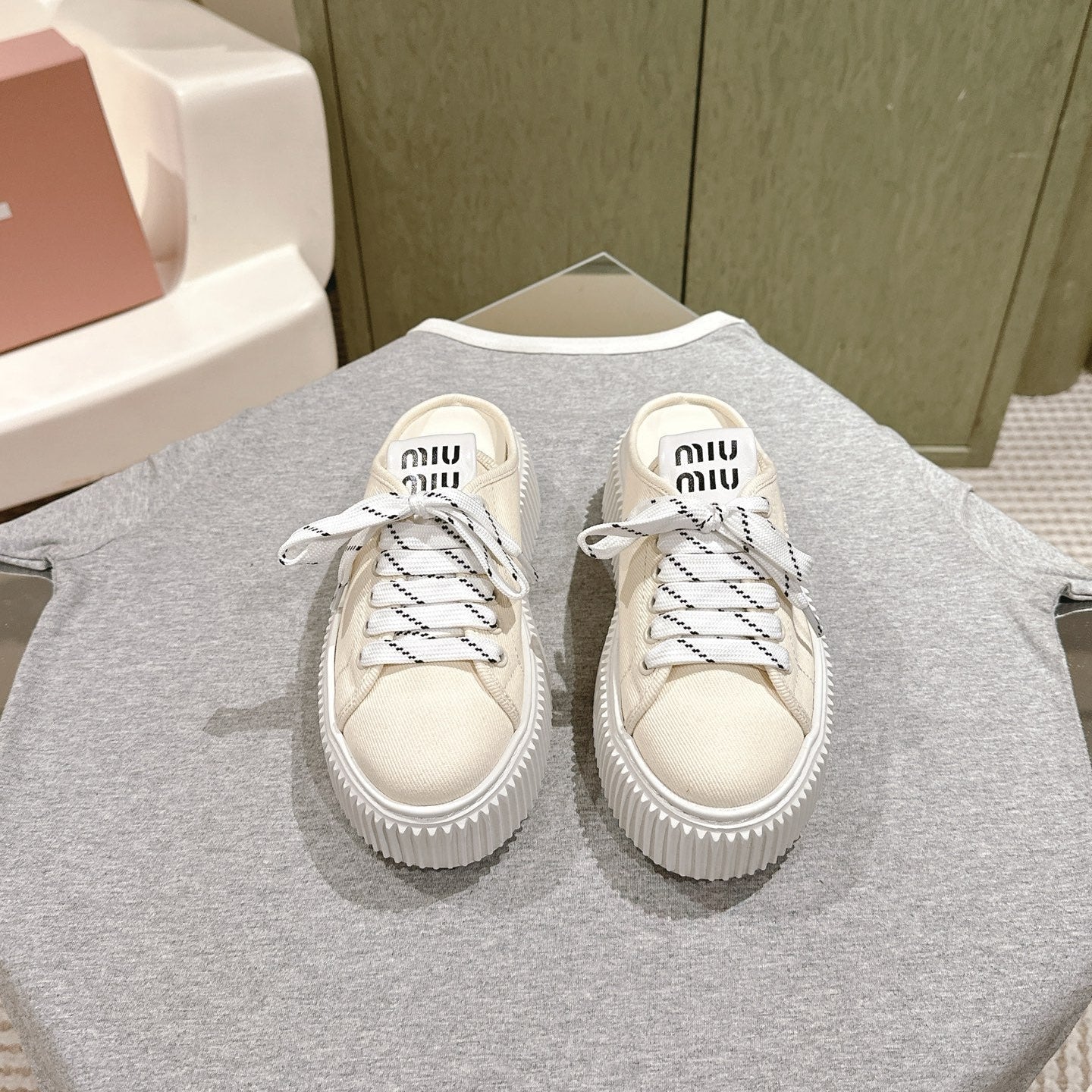 Miu Miu Biscuit Shoes Platform Mules Cream Denim Canvas 532871
