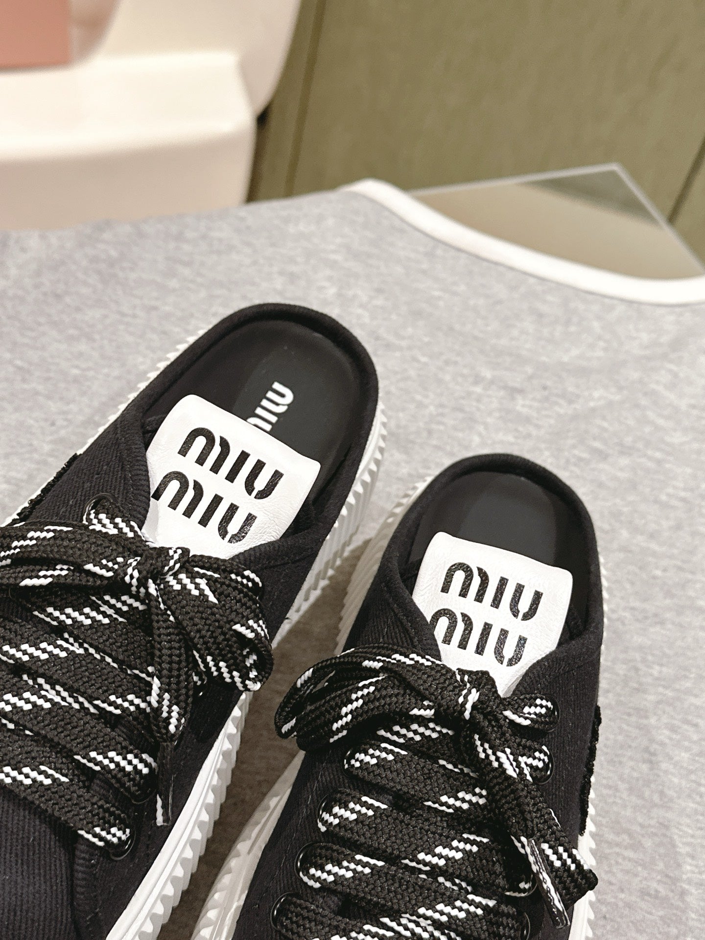 Miu Miu Biscuit Shoes Platform Mules Black Denim Canvas 532872