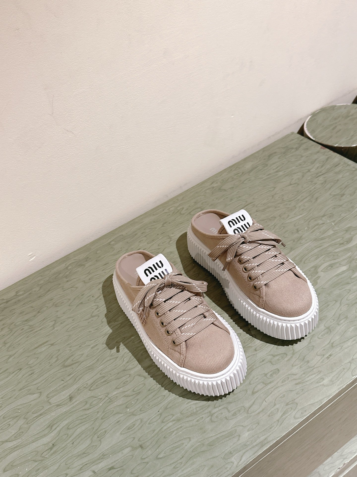 Miu Miu Biscuit Shoes Platform Mules Beige Denim Canvas 532873