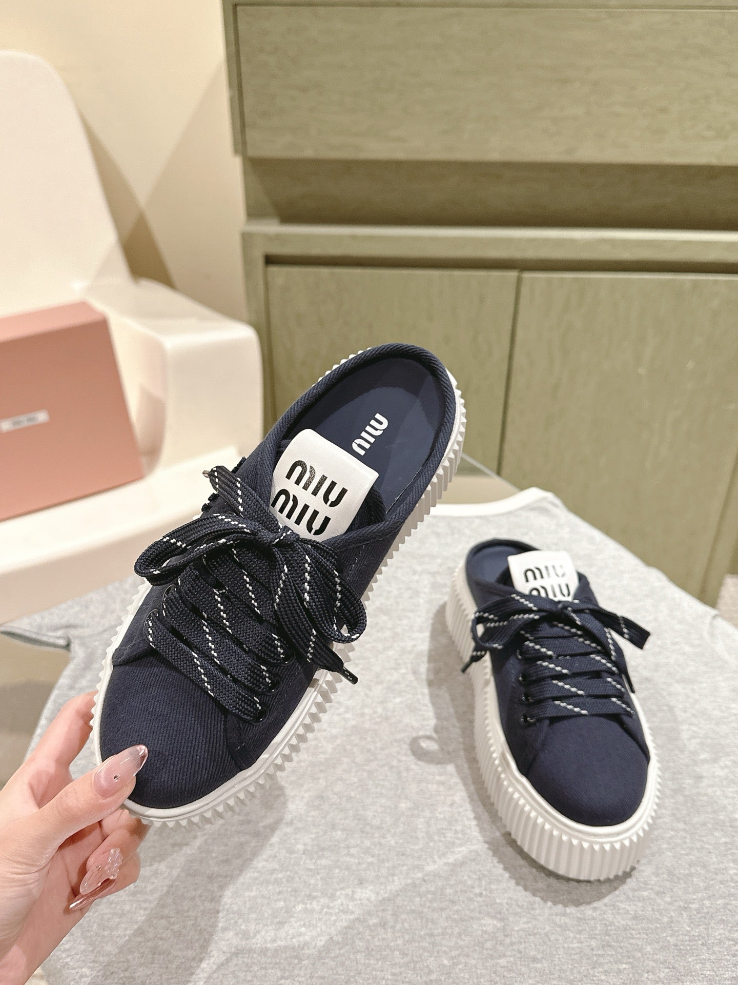 Miu Miu Biscuit Shoes Platform Mules Navy Denim Canvas 532874