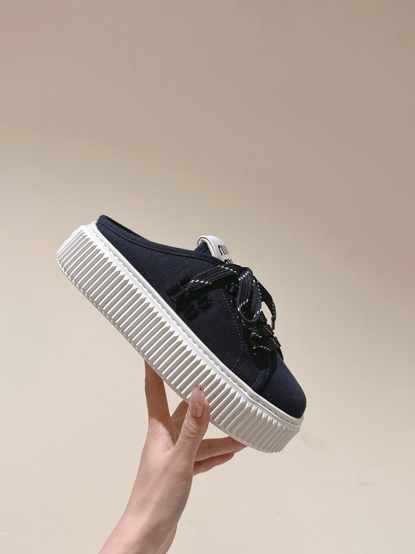 Miu Miu Biscuit Shoes Platform Mules Navy Denim Canvas 532874