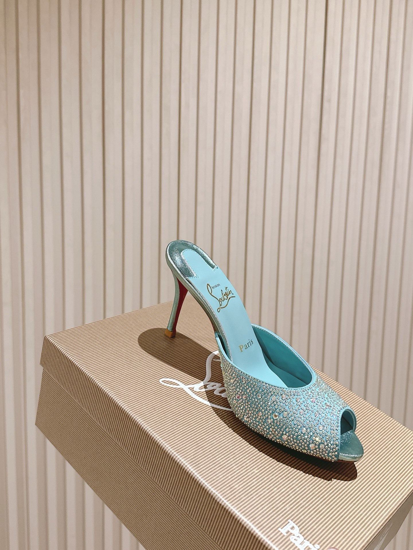 CL 25s Me Dolly Sandal Mule Heel Pump 85mm Blue Sheepskin 446689