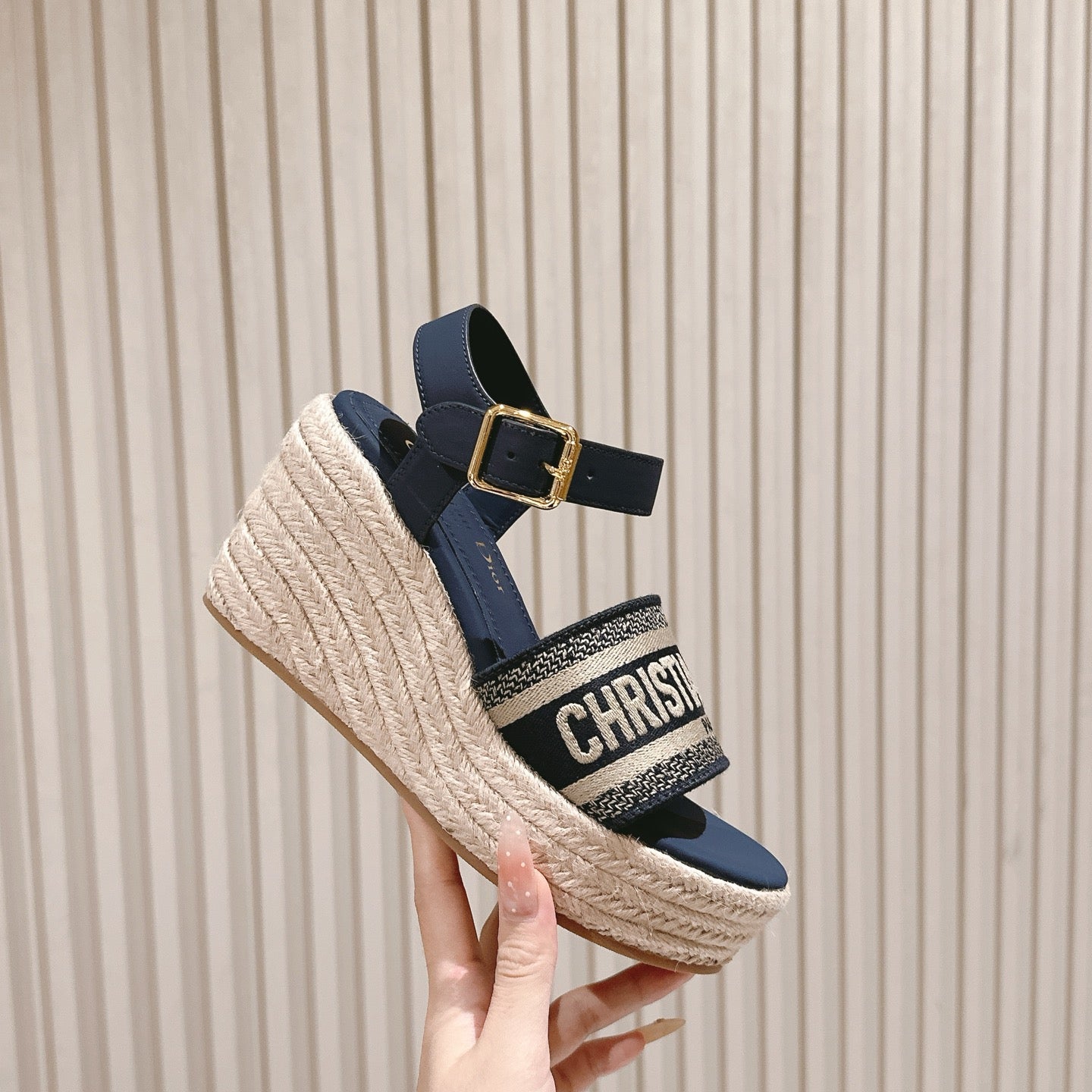 CD Dway Wedge Sandal 85mm Deep Blue Calfskin and Embroidered 483077