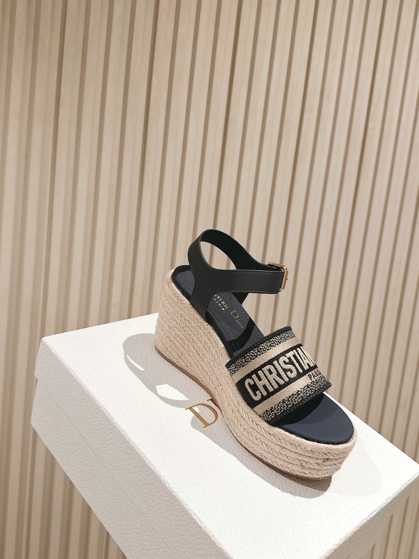 CD Dway Wedge Sandal 85mm Deep Blue Calfskin and Embroidered 483077