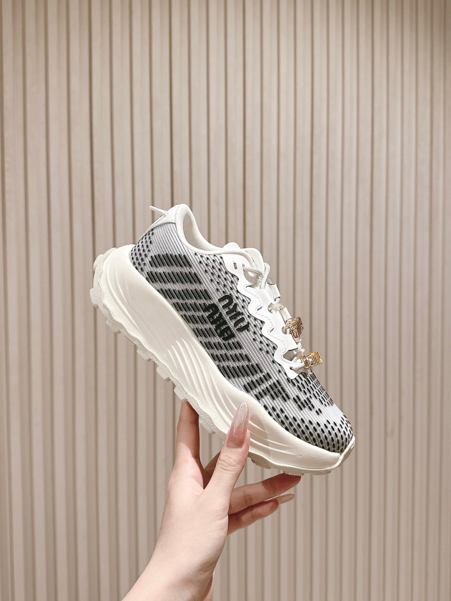 Miu Technical Sneakers White Black Cowhide Fabric 445808