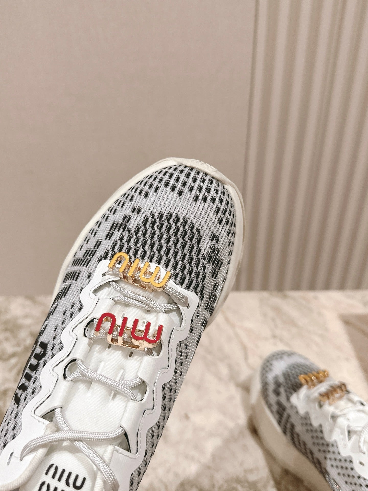 Miu Technical Sneakers White Black Cowhide Fabric 445808