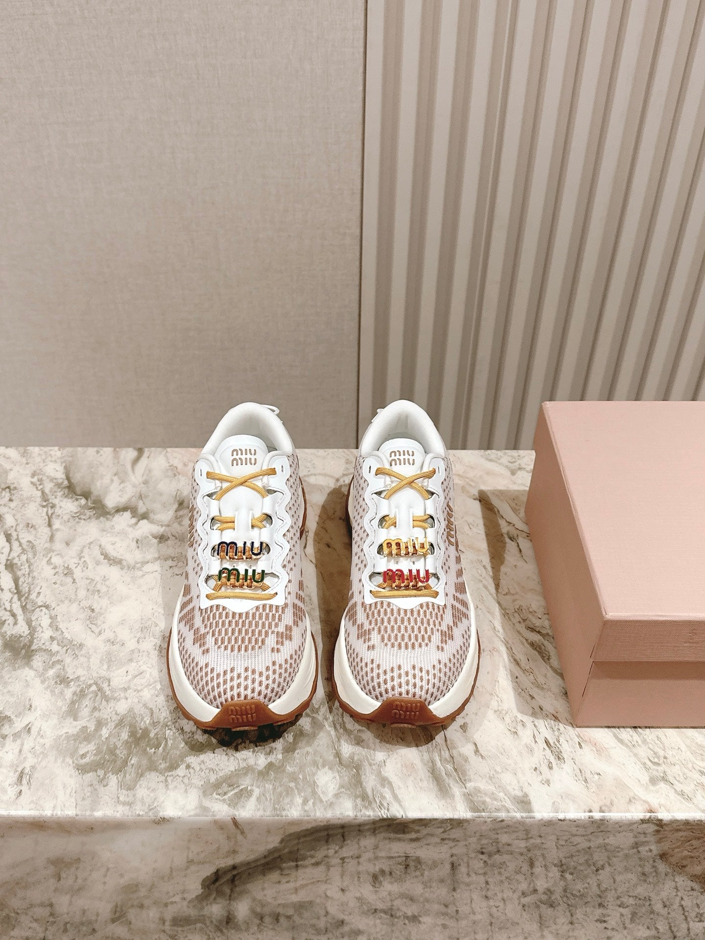 Miu Technical Sneakers White Light Brown Cowhide Fabric 445810