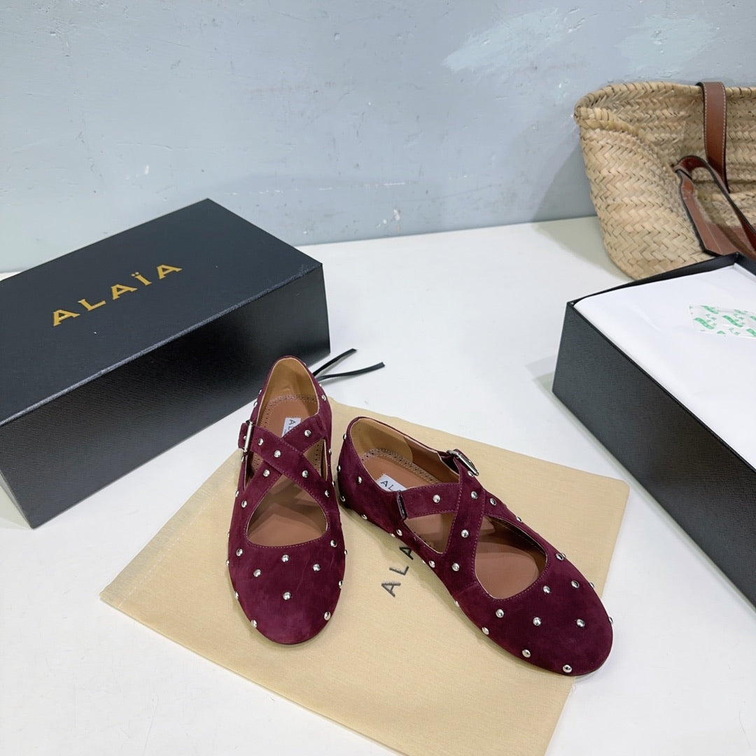 Alaia Criss Cross Ballet Flats With Stud Burgundy Suede 674304