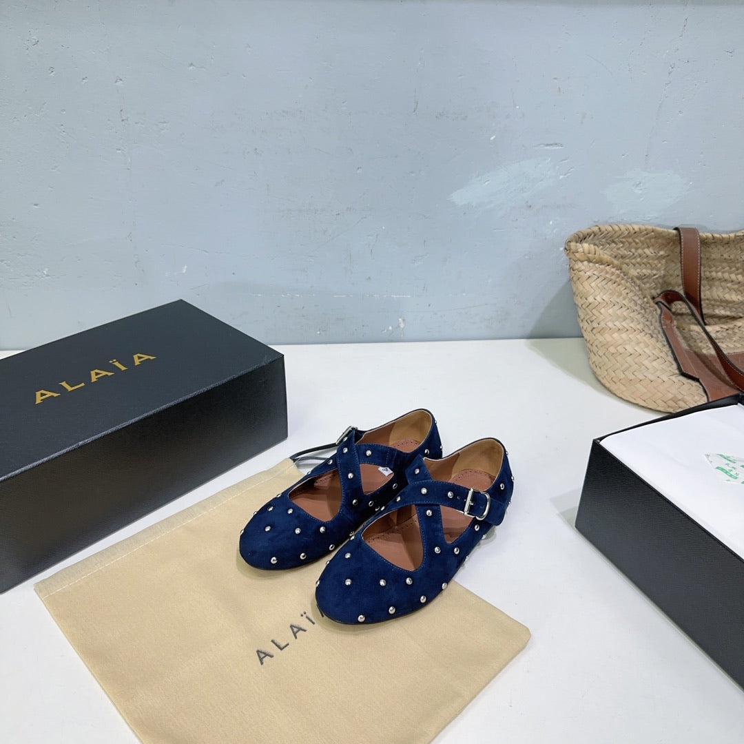 Alaia Criss Cross Ballet Flats With Stud Dark Blue Suede 674305