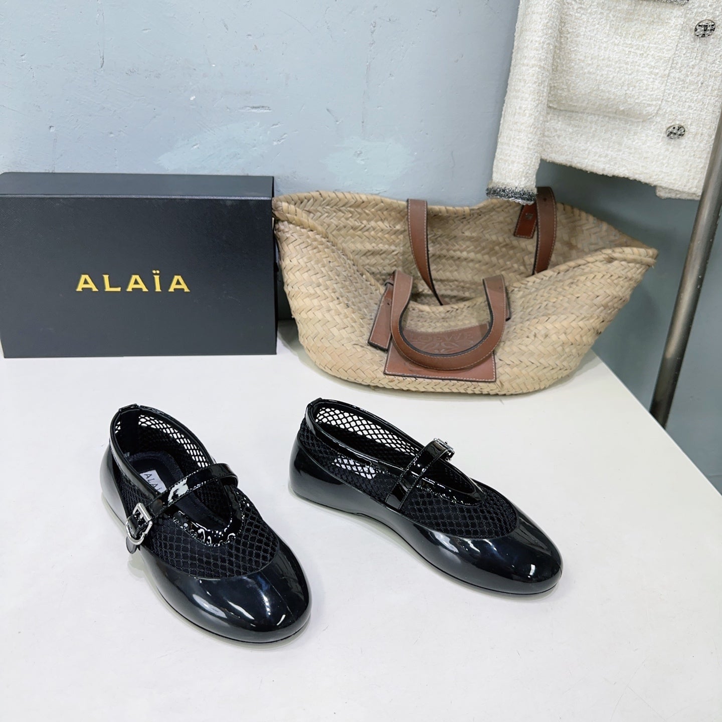 Alaia Ballet Flats Black Mesh Patent Leather 674310
