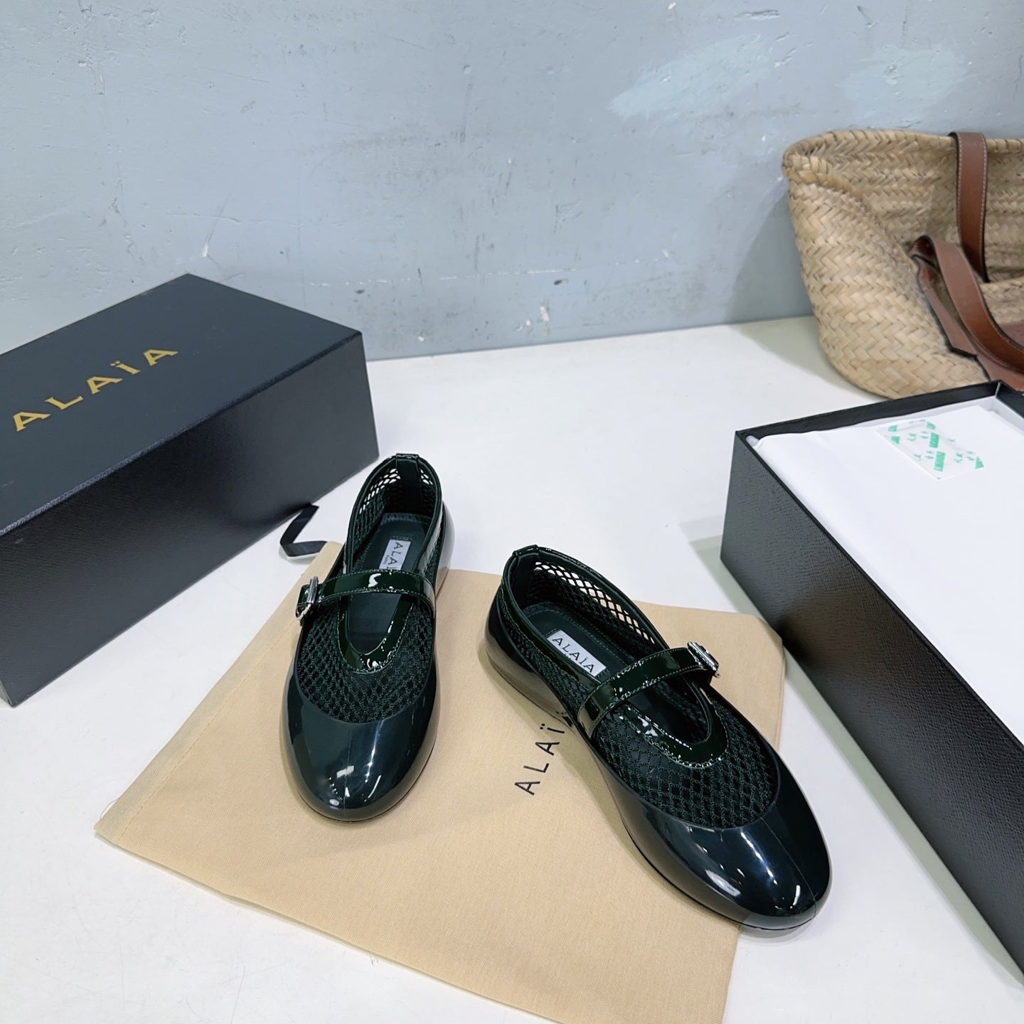 Alaia Ballet Flats Teal Green Mesh Patent Leather 674311